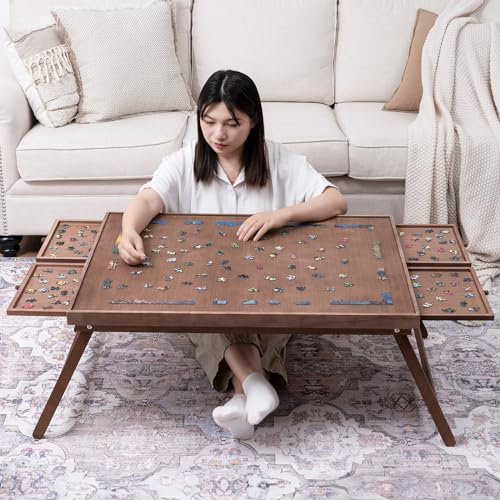 TEAKMAMA 1500 Stück Holz Jigsaw Puzzle Board mit 4 Schubladen, Faltbarer Puzzletisch mit Schutzhülle, Puzzlebrett mit Beinen, Multifunktionales Puzzlebrett für Erwachsene, 34W x 26,3D,