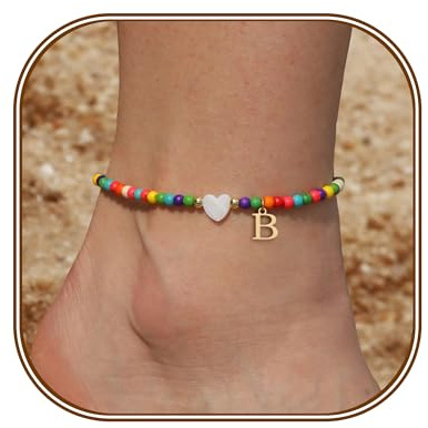 FUNEIA Fußkettchen für Damen Bunte Perlen Fussketten für Frauen Wasserfest Herz Buchstaben Anhänge Fußkette Boho Handgefertigt Verstellbar Fußkettche Kinder Mädchen Sommer Strand Fußschmuck Geschenke