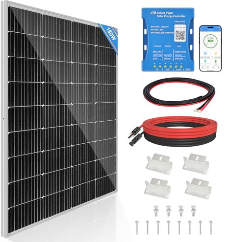 DERUXI 180W Panneau Solaire 12V Monocristallin Kit Panneau Solaire : 180 Watt Panneau Solaire avec 20A Bluetooth Régulateur de Charge Solaire + 5m de Câble Solaire + Z-Brackets pour Camping-cars, Bate