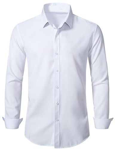 BEILU Stretch Mens Slim Fit Dress Shirts Formal Long Sleeve Button Down Shirts White Medium