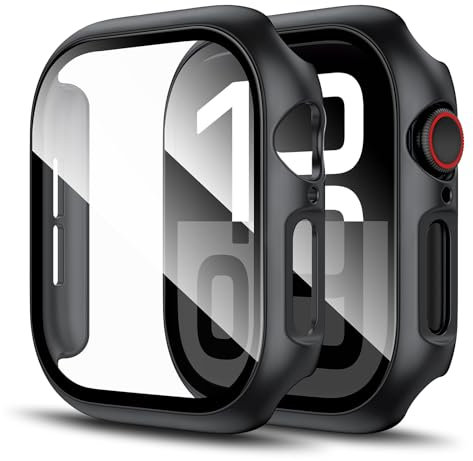 LK 2 Pack Hard Case for Apple Watch Series 10 42mm, Built-in 9H Tempered Glass Screen Protector, Overall Protective Cover, HD Clear High Sensitivity, Cover for iWatch 10 42mm-black