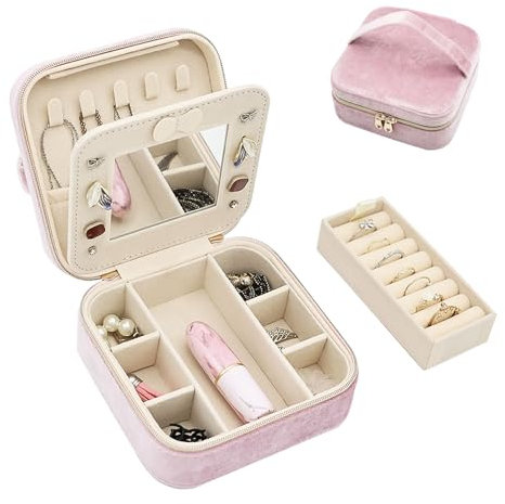 Boxudeli Boîte à bijoux en velours avec miroir, petite boîte de rangement pour bijoux pour femmes et filles, boîte à bijoux pour bagues, boucles d'oreilles, colliers, bracelets (rose)