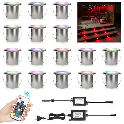 DarisingSun 16er RGB LED Einbaustrahler, IP67 wasserdicht Ø39mm 0,5W Aluminium LED Bodeneinbauleuchten mit Fernbedienung Dimmbar Farbwechsel-Beleuchtung für Küche Garten Gehweg, Innen-und Außenbereich