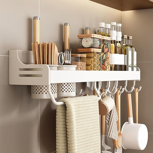 Giural Portaspezie da Appendere, Portaspezie da Parete con Ganci e Porta Asciugamani, Mensola Cucina da Appendere, Organizer Cucina, Porta Spezie per Cucina, Organizzatore Cucina,Bianca,60cm