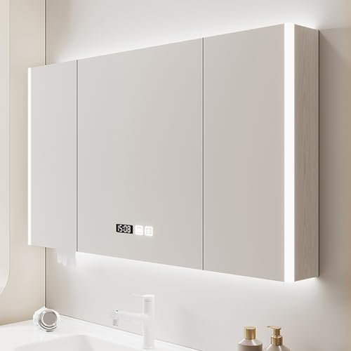 Bois Armoire de Toilette avec Miroir Lumineux LED,Armoire Murale Salle de Bain Montage Anti-buée,Lumineux Meuble a Miroir de Maquillage,température avec le temps,trou de papier,Placard de Rangement To