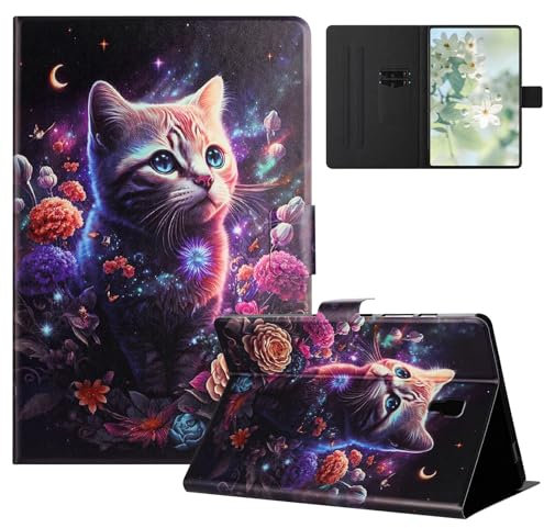 TEDTIKJT Coque pour Samsung Galaxy Tab A 10.5 2018 Etui Tablette Housse SM-T590 T595 PU Cuir Flip Support Protection Motif Peint étuis pour Samsung Galaxy Tab A 10.5 2018 Coque,Fleurs Chat