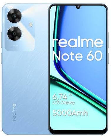 realme Note 60 Smartphone 4+128GB,Pantalla 6.74in,Modo Eye Comfort 90Hz,batería 5000mAh,procesador UNISOC T612,cámara 32MP Ultra HD,Soporte para Tarjeta Micro-SD,Azul