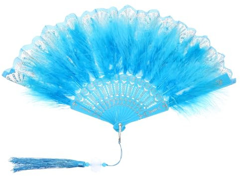PATIKIL Embroidered Flower Marabou Feather Fan, 1920s Vintage Folding Handheld Fan Chinese Flapper Hand Fan for Costume Party Dancing Wedding Show Tea Decoration, Sky Blue