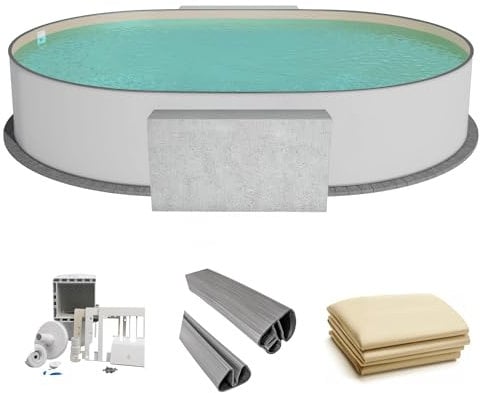 Fresh-Pool Profi Stahlwandpool Set oval, 600x320x150 cm, Stahl 0,8 mm weiß, Folie 0,8 mm Sand, Einhängebiese