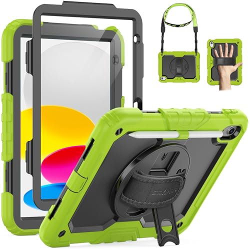 SEYMAC Case for iPad 11th/10th Generation 2025/2022 A16 11inch/10.9inch, Heavy Duty Shockproof with Screen Protector, 360° Rotating Stand/Hand Strap/Pencil Holder for iPad 11 Cover, Green