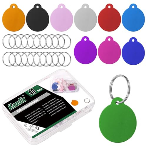 Keadic 20 Stück Außenloch Aluminium Blank Tags, Mehrfarbige Blank Scheiben Stempeln Blanks mit Split Ringe, Blank Hund Haustier Tags eloxierte Aluminium Stempeln Blank für DIY Dekorative Haustier Tag