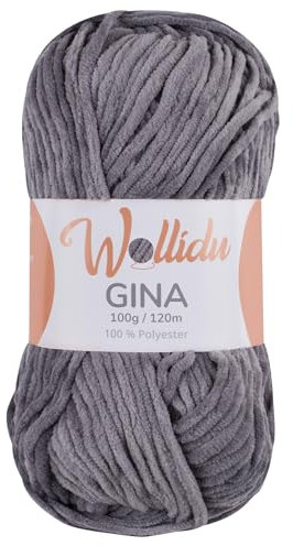 Wollidu Gina Chenille Garn zum Stricken und Häkeln 1 x 100g/120m Set 100% Polyester - Grau