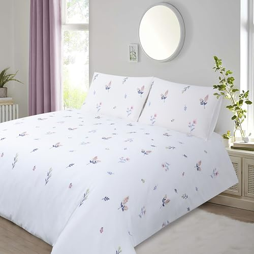 King Size Duvet Cover Sets White Bedding Embroidered Floral Bedding Set | Flower Quilt Cover Soft Breathable with 2 Pillowcases 3 Pieces for King Bed 230x220 cm Duvet Set