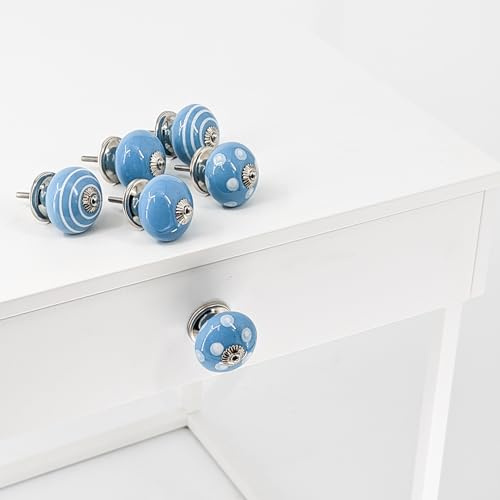 Knober 6er SET | 6 Stück Keramik Möbelknöpfe für Schrank und Schublade | Weiß Blau Polka Dots Silber Montur