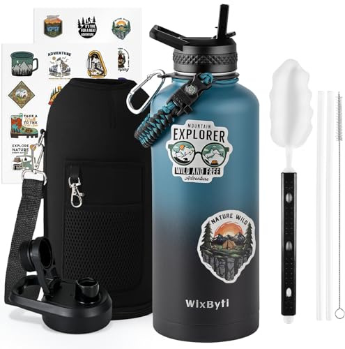 WixByti 2.5L Insulated Water Bottle, Triple Wall Vacuum Stainless Steel | (Cold 48 Hrs), Triple Wall Vacuum, Leak-proof & Non-BPA, Large Sports Water Bottle with Straw Spout Lids & Paracord Handle