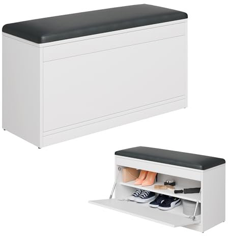 PLATAN ROOM Schuhschrank mit Sitzfläche 100 x 53 x 35 cm Schuhbank aufklappbar Sitzkommode Weiß Eiche Gold (Weiß mit Anthrazit-Sitz)