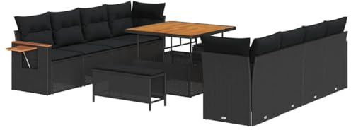 vidaXL 11-teiliges Garten-Sofa-Set mit Kissen aus schwarzem Poly-Rattan und Akazie. Perfekt zum Entspannen und Essen im Freien. Großes modulares Sitzmöbel für Terrassen und Balkone.