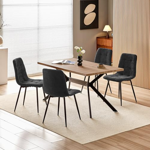 WAFTING Essgruppe Esstisch mit 4 Stühlen, 140×80×73cm Esstisch mit Dunkle Holzmaserung, und Gepolsterte Schwarze Esszimmerstühle mit Leinendesign und hoher Rückenlehne, für Esszimmer Küche, Wohnzimmer