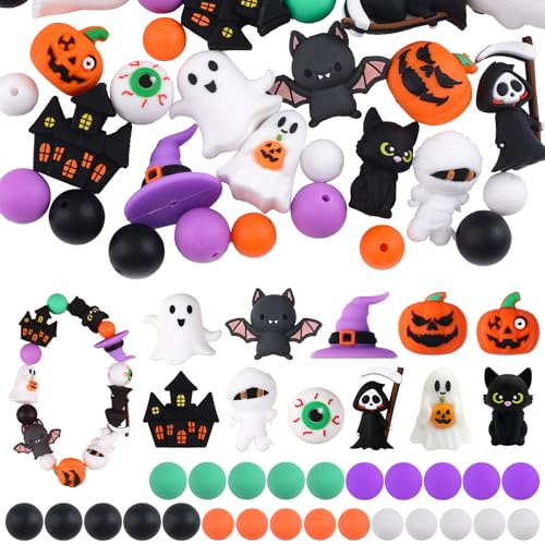 URROMA 36pcs Halloween DIY Silicone Beads, Horror Bulk 3D Beads Include Pumpkin Ghost, Halloween DIY Gift For Bracelet Necklace