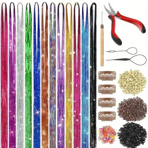 Hair Tinsel, 12 Farbe Glitzer HaarsträHnen, Haar Lametta Mit Werkzeug Set, 90cm Haarlametta, Sparkle Tinsel Hair Extensions, GlitzersträHnen für Haare für Frauen Mädchen Kinder Cosplay Party Zubehör