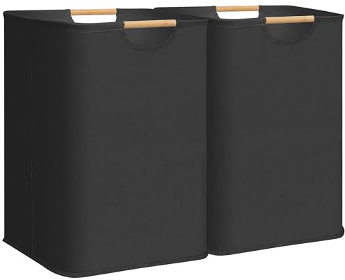 STORAGE MANIAC 2-Pack Large Laundry Hamper, 100L (26.4 Gal) Collapsible Laundry Basket with Bamboo Handles, Freestanding Waterproof Clothes Hamper for Laundry Room, Bedroom, Dorm, Towels, Toys, Black