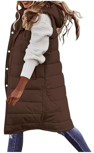 Women'S Puffer Long Gilets Padded Womens Winter Long Sleeveless Jacket Solid Color Full Zip Hooded Gilet Plus Size Outdoor Waterproof Jackets With Pockets Winter Warm Quilted Vest Ladies Body Warmer