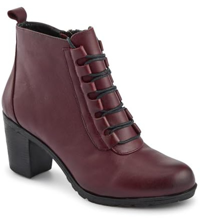 Pavers Leather Block Heeled Lace-Up Boots - Burgundy Size 8