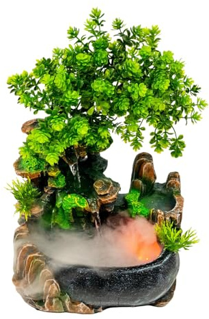 Zimmerbrunnen Wasserfall mit LED Beleuchtung, Deko Tischbrunnen Indoor Springbrunnen Innen mit Nebel, Tisch Grüne Pflanze Brunnen Wohnzimmer Deko für Schlafzimmer & Büro (20x15x28cm)