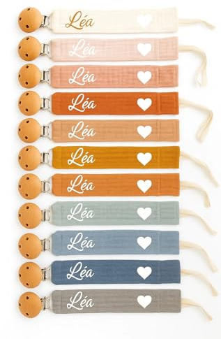 attache tétine personnalisé prénom fille garçon- en gaze de coton bio-attache en bois- nombreux coloris couleurs de tissu au choix (Blanc cassé)