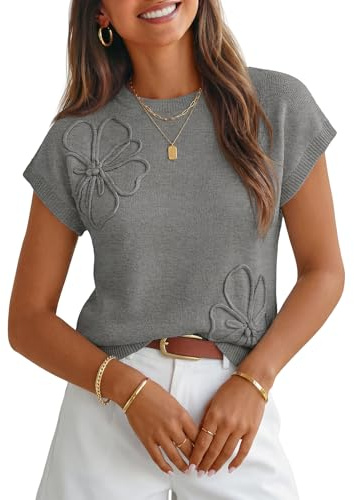 MEROKEETY Women's Summer Short Sleeve Sweater Vest Floral Knit Cute Pullover Tank Tops 2026 Trendy Fashion Spring Outfits, Grey, Medium