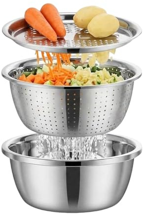 Passoire avec Bol inoxess, 26cm Saladier et Râpe à Fromage en Acier Inoxydable, Passoire de Cuisine, Panier Égouttoir avec Plateau Pour Légumes, Ensemble De Bol De Lavage Machine