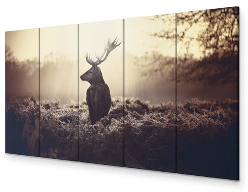 murando - Wandbilder XXL Hirsch 225x90cm 5 tlg - Wand Deko Leinwand Bilder Groß Wanddeko Wohnzimmer Schlafzimmer Kunstdrucke - Natur Tier Landschaft g-B-0045-b-p