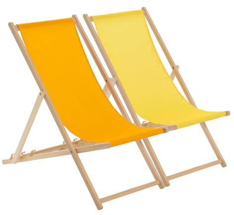 Harbour Housewares 2 Piece Orange & Yellow Wooden Deck Chair Traditional Wood Folding Adjustable Garden/Beach Sun Lounger Recliner