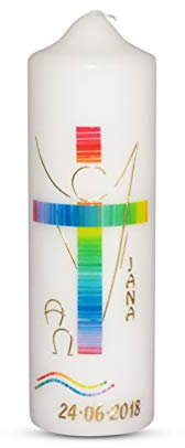 Taufkerze Jungen Mädchen Engel mit Kreuz, zur Taufe oder Kommunionkerze, in Regenbogenfarben 25x 7cm inkl. Name und Datum 100% handgemachtes Motiv Schutzengel