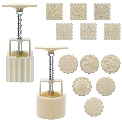 Luxiv Moon Cake Mould 75g, 12 PCS Pattern Hand-Pressure Mooncake Molds for Mid-Autumn DIY Pastry Tool 2 Sets with 6pcs Round Flower Mooncake Mode and 6 Pcs Square Pattern Mooncake Mould (White, 75g)