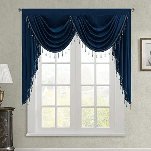 StangH Marineblauer Samt-Vorhangvolant für Heimdekoration, luxuriöser Wasserfall-Volant mit Perlen für Schlafzimmer, Wohnzimmer, Esszimmer, Büro, Theater, B 150 cm, 1 Vorhang