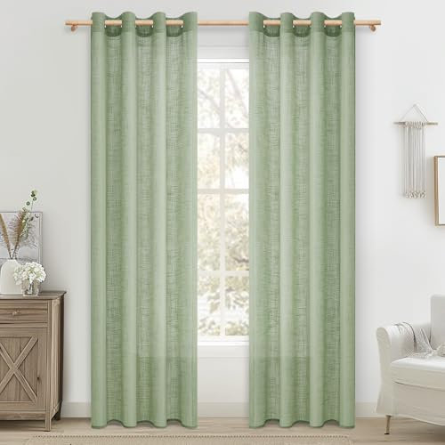 MRTREES Gardinen mit Ösen Leinenoptik für Wohnzimmer Schlafzimmer 2er Set Vorhang Ösenschal Salbeigrün Halbtransparent Fenster Vorhänge 225 cm Lang 140 cm Breit Curtains Living Room