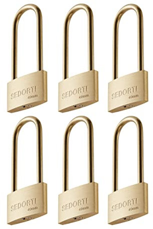 SEDORTI Lot de 6 cadenas résistants aux intempéries, cadenas en laiton massif à clés identiques avec longue anse en laiton, léger, corps de 3,8 cm de large, cadenas marin, serrure antirouille, lot de