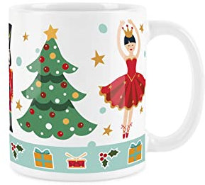 Purely Home Nutcracker & Christmas Tree Mug Red Design - White Christmas Festive Coffee/Tea Gift 11oz