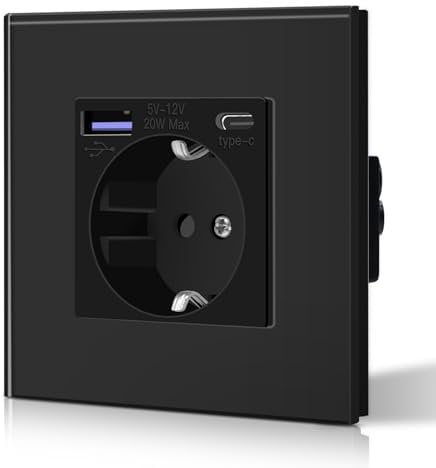 BSEED Schuko Wand Steckdose mit 20W USB & Typ C Schnellladegerät Glas 3 in 1 Unterputz Wandsteckdose Ladeleistung und USB C Adapter Aufladestation, Einfache Installation Schwarz
