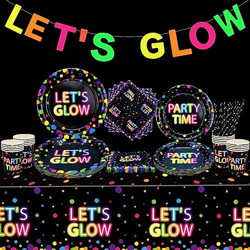 Glühen in der Dunklen Party Zubehör - Include Glow in The Dark Banner, Teller, Tassen, Servietten und Tischdecken für Glow Party Zubehör Schwarzlicht Neon Party Dekorationen, Servieren für 20