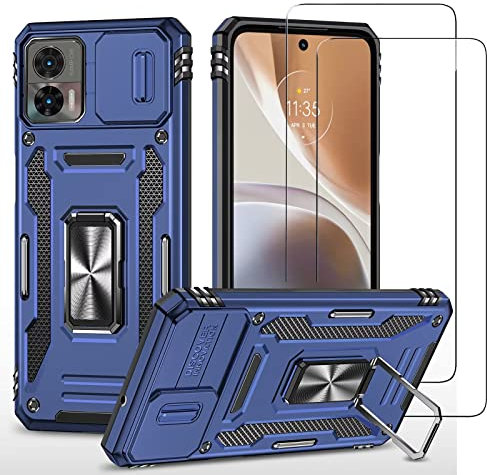 Jeelar ESONG Handyhülle für Motorola Edge 30 Neo,Militär Stoßfeste Schutzhülle Cover case mit 2 Gehärtetes Glas Bildschirmschutz/Ständer[Kompatibel magnetische Autohalterung]/Kameraschutz-Blau