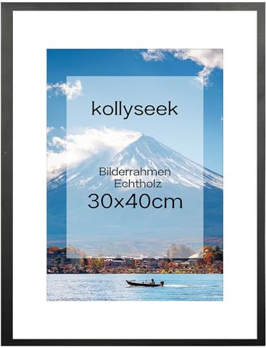 kollyseek Bilderrahmen 30x40cm Echtholz mit Passepartout Holz Rahmen mit Acrylglas Kieferholz Fotorahmen mit Bruchsicherem Acrylglas platten bilderrahmen Schwarz Weiss zimmer deko(schwarz)