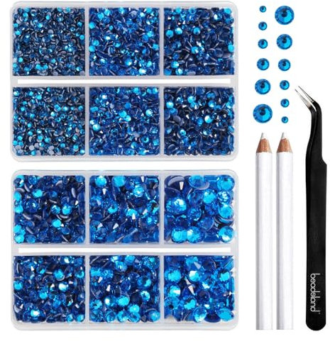 BEADSLAND Hotfix Strasssteine, 6080 Stück Blau Strasssteine für Kleidung Kunsthandwerk gemischt 6 Größen mit Wachsstift und Pinzette Kit,SS6-SS30,Capri Blau