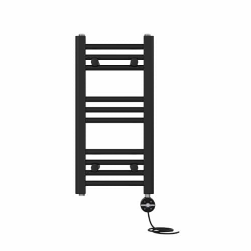 NRG Prefilled Straight Electric Heated Towel Rail Radiator Black Thermostatic Bathroom Warmer with Touch Screen Display 600x300mm - 200W