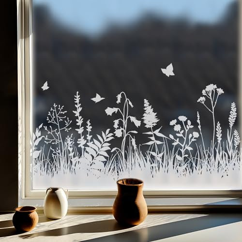 ChicSkin Fensterbilder Reinweiße Wiesen, Fensterbilder frühling Florale Motive, Frühlingsdeko Mehrweg Schmetterlinge und Blumen, Wohnzimmer, Schlafzimmer, Bad, Küche fensterdekoration 39x150cm