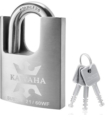 KAWAHA 21/60KD-3SK Serrure Cadenas haute sécurité en acier inoxydable avec clé pour intérieur et extérieur (très résistant, antirouille) (60 mm), clés différentes – 3 clés en acier inoxydable