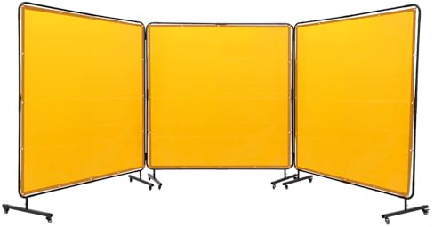 VEVOR Rideau de Soudage avec Cadre 3 Panneaux Écran Rideau de Protection pour Soudure 1,8x1,8 m en Vinyle Ignifuge sur 12 Roues Pivotantes (6 Verrouillables) Mobile Pro pour Atelier, Industrie, Jaune