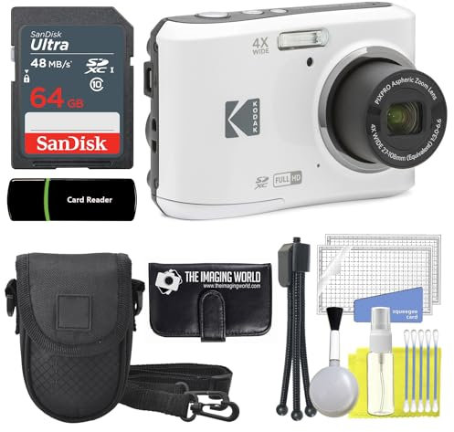 Kodak PIXPRO FZ45 Appareil photo numérique 16 MP Zoom optique 4x 27 mm Grand Angle 1080p Full HD Vidéo LCD 2,7 Blanc + carte et lecteur 64 Go + étui + portefeuille mémoire + trépied + kit de