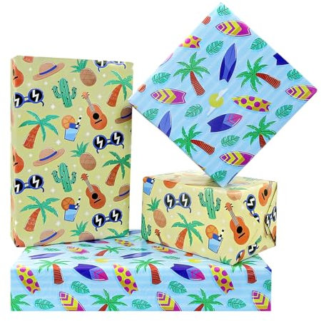 Summer Wrapping Paper, Hawaii Tropical Themed Wrapping Paper for Aloha or Summer Vacation, Coconut Tree Cactus Surfbrett Wrap Papers, 4 Sheets In 2 Designs Folded Flat 50x70 cm Per Sheet